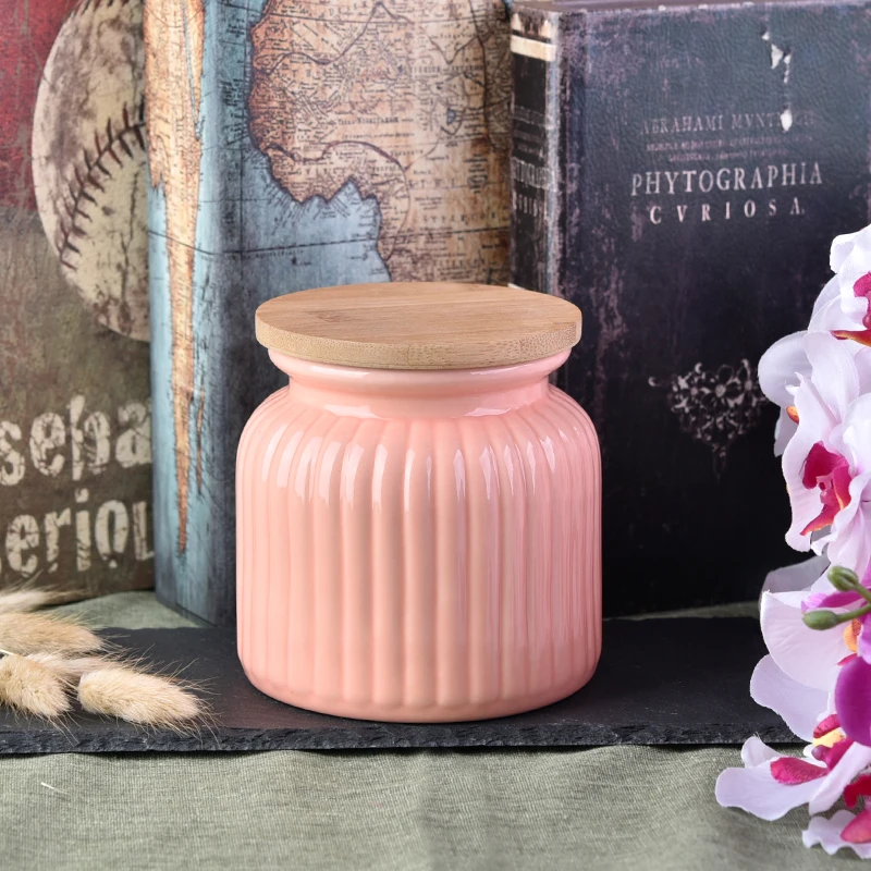 Wholesale Pink Ceramic Candle Jar with Bamboo Lid Home Decoration