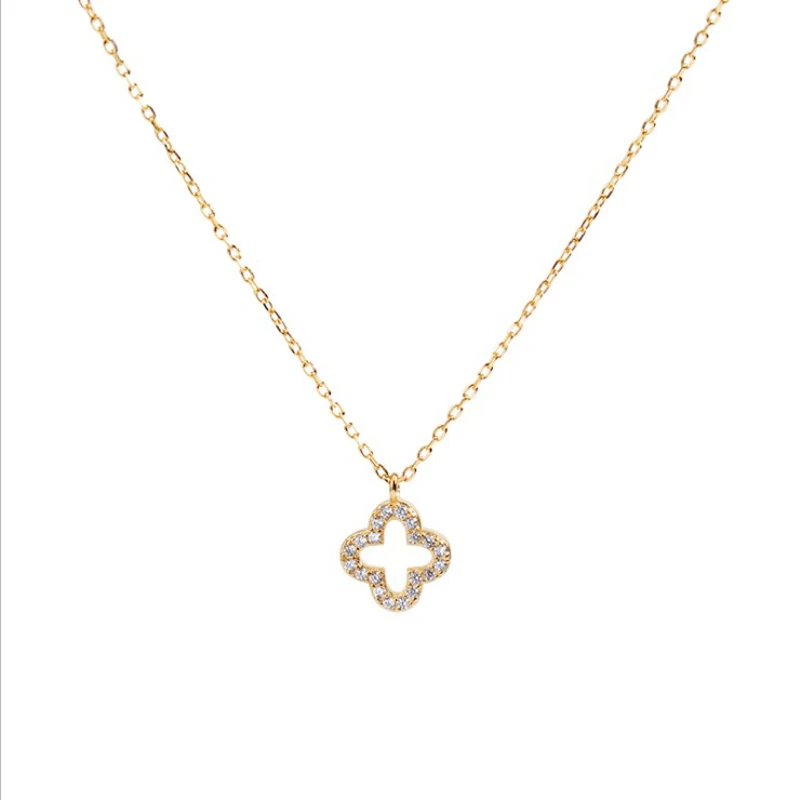 

Dainty gold plated diamond 925 sterling silver four leaf clover pendant choker necklace