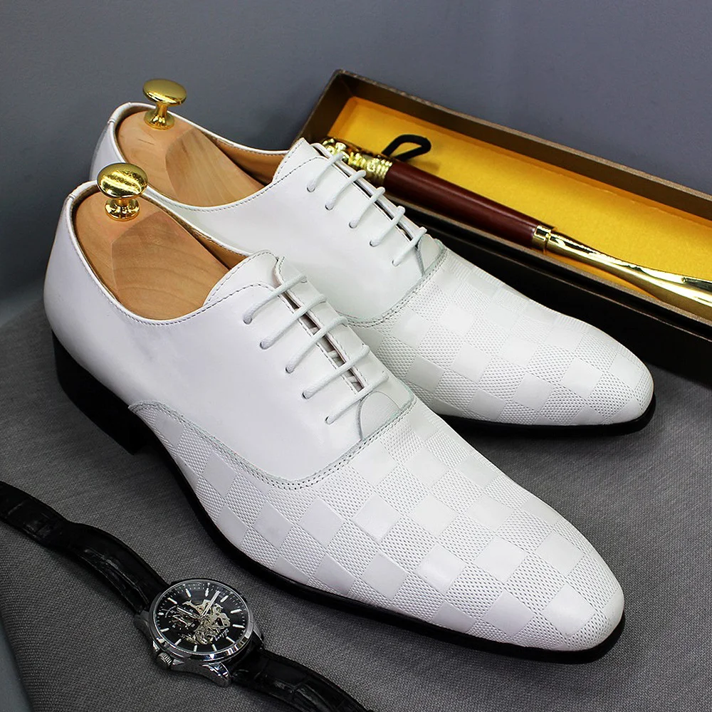 Luxury Italian Mens Oxford Shoes Fashion Plaid Print Genuine Leather Lace up White Wedding Suit Shoes for Men