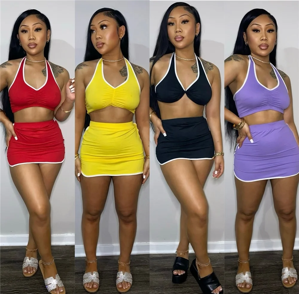 

2022 Summer halter top and skirt set Women Trending 5 Color Plus Size Women Crop Top and Mini Skirts Two Piece Set Outfits