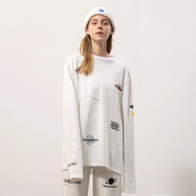 

New hiphop casual white cotton long sleeve men streetwear round collar logo printed loose women sweatshirts