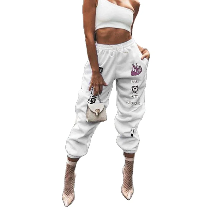 

Graffiti Harem High Waist Drawstring White Cotton Street Stacked Sweatpants Joggers Mujer Women