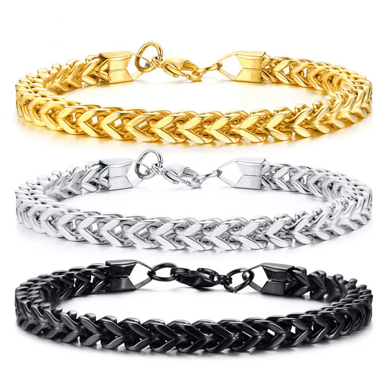 

Fashion 6mm Stainless Steel 18k Gold Plated Chain Bracelet Design Jewelry Wheat Silver Bracelets & Bangles For Man, Silver/gold/black