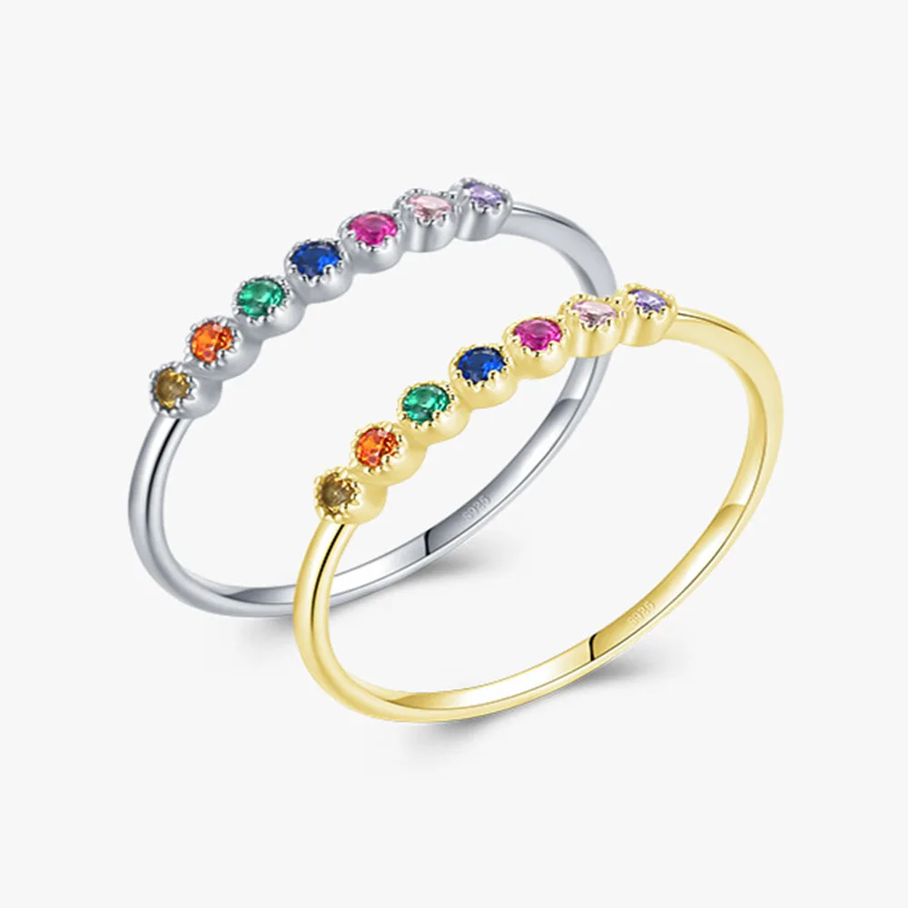 

Dainty Minimalist Jewelry Gold Plated Zircon Stone 925 Sterling Silver Colorful Rainbow Rings for Women Girls