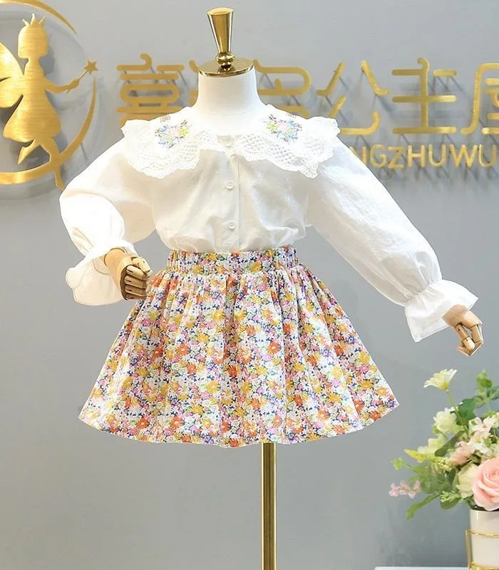Hot sale spring autumn girls clothes set good quality girls' clothes lace lapel shirt and floral skirt two-piece set kids clothe, As picture