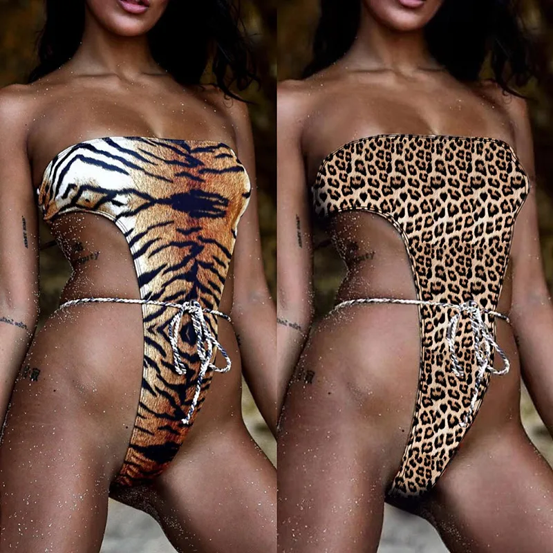 

2021 Hot Sell Tube Top Swimwear Sexy Leopard And Tiger Printed One Piece Bikini, As the picture/as your required