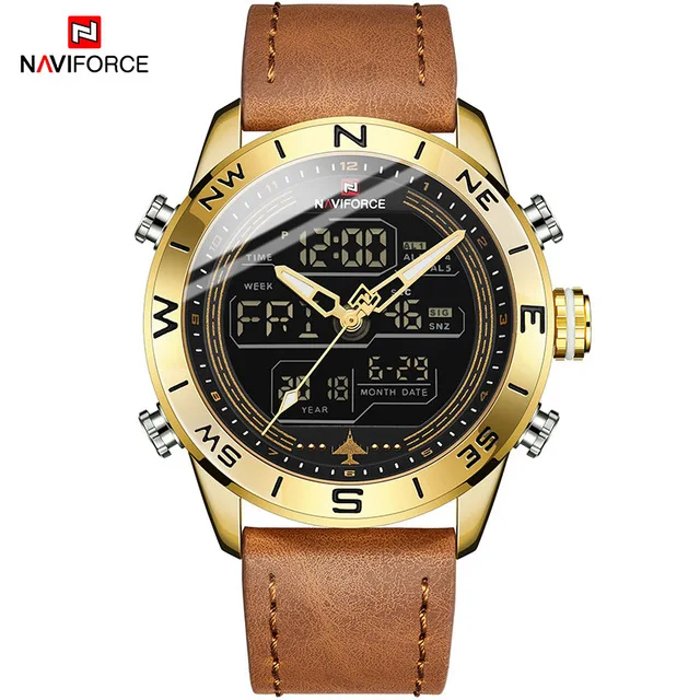 

Luxury Brand Men NAVIFORCE 9144 Gold Army Military Watch Led Digital Leather Sports Watches Quartz Mens Clock Relogio Masculino