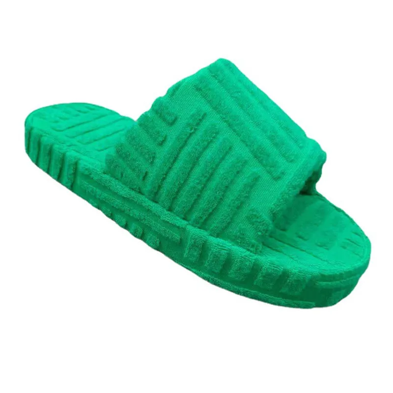 

Peep Toe Thick Sole Women Slippers Green Towel Flat Outwear Ladies Slides Summer Autumn Runway Flip Flops Women, As picture