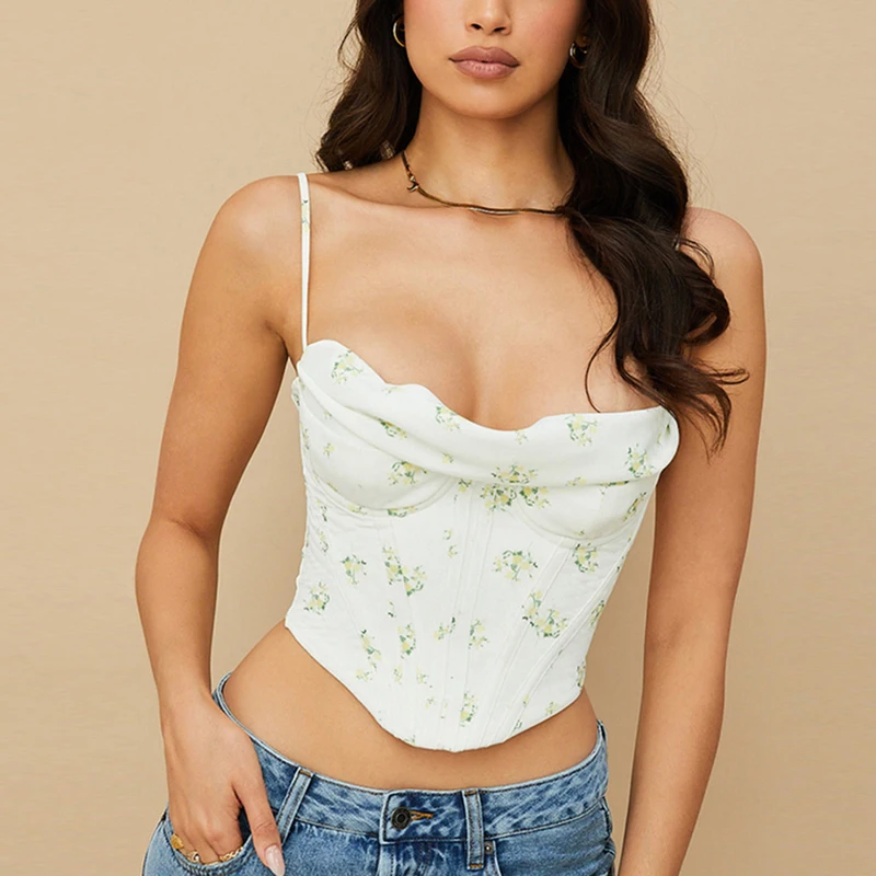 

casual floral print boning strap zipper back padded bralette cami cowl neck crop top corset top for women