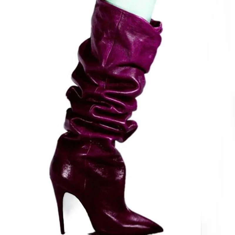 

hot sale sexy big size Boots Woman Genuine Leather Sexy Pointed Toe Pleat Knee High Boots, Black/blue/red/green