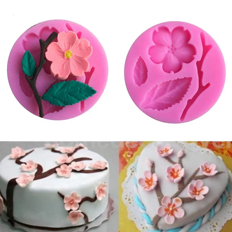 

Cheap Plum blossom 3D Flower Cake Border Silicone Mold Fondant Cake Decorating Tools Set Gumpaste Chocolate tools, White and pink