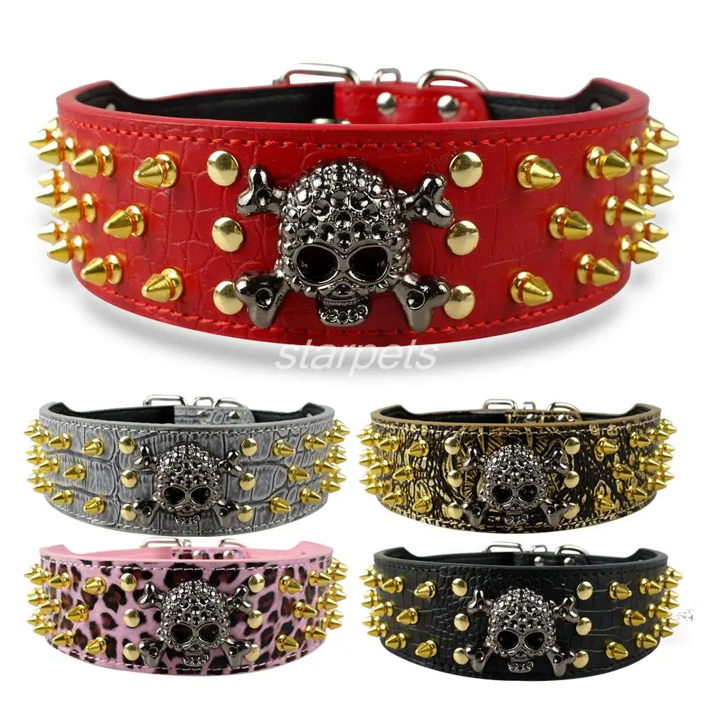 

2"width Gold Spiked Studded Leather Dog Collars For Medium Large 15-24", Red, black, grey,gold brown, pink leopard