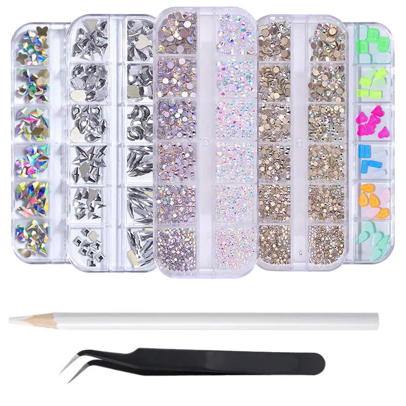 

Hot sell 3d Fancy AB color crystal rhinestone nail box , Colorful flat back bling decor stone crystal rhinestones nail kit, As option