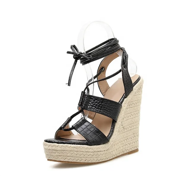 

Black Cross-Lace Thick-Soled Straw Woven Wedge Shoes Custom-Made OEM Super High-Heel Roman Sandals