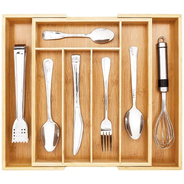 
kitchen expandable silverware organizer utensil holder and cutlery bamboo tray with grooved drawer dividers  (1600104105747)