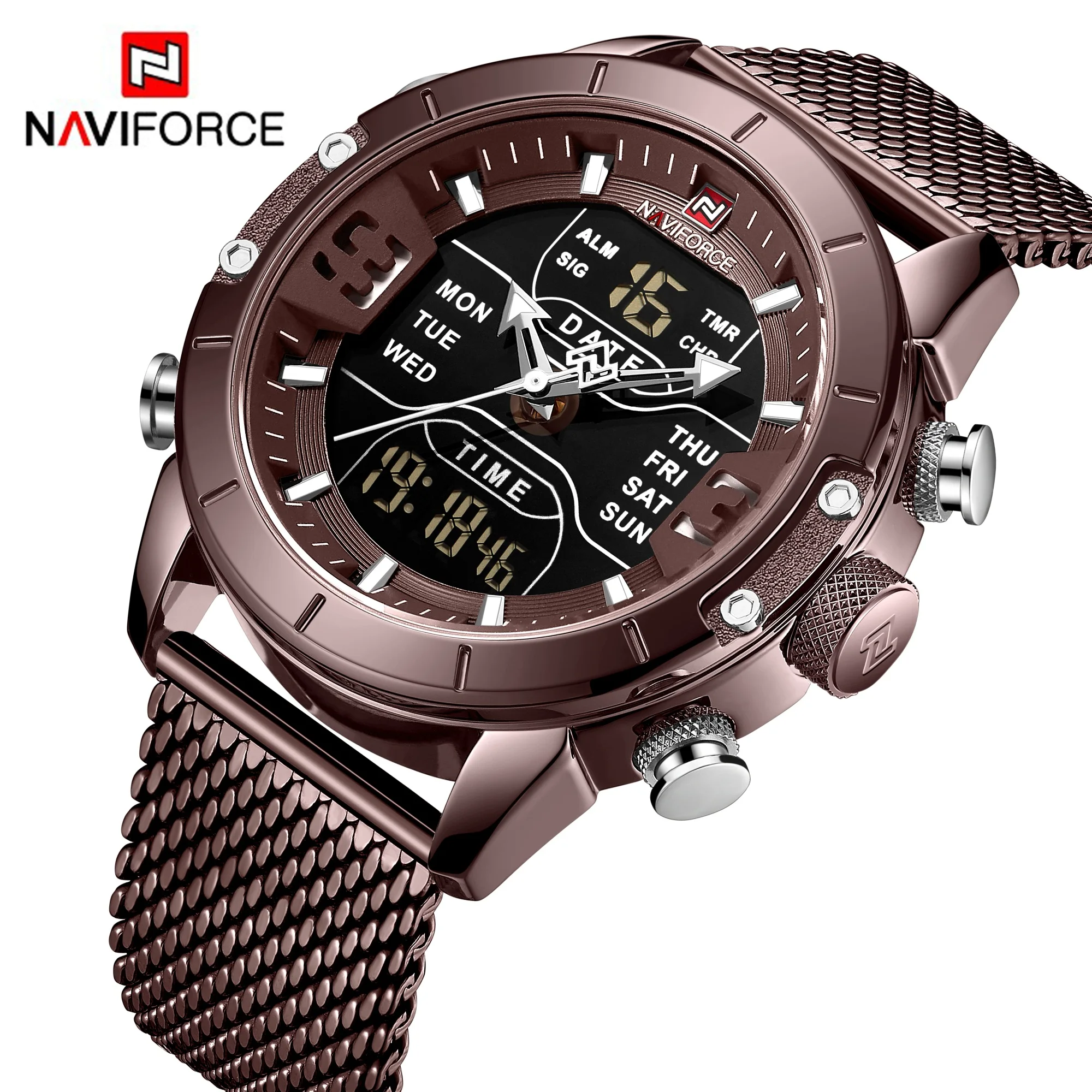 

NAVIFORCE 9153 S Sports Watch Men Top Brand Luxury Army Military Stainless Steel Mesh Mens Wristwatch Waterproof Digital Quartz