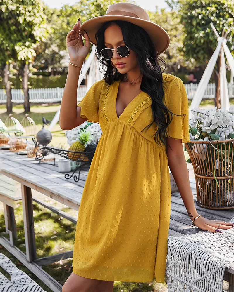 

Women's Dress V-Neck Short Sleeve Mini Dress Elegant Boho Woman Dress Casual Vestido, Shown
