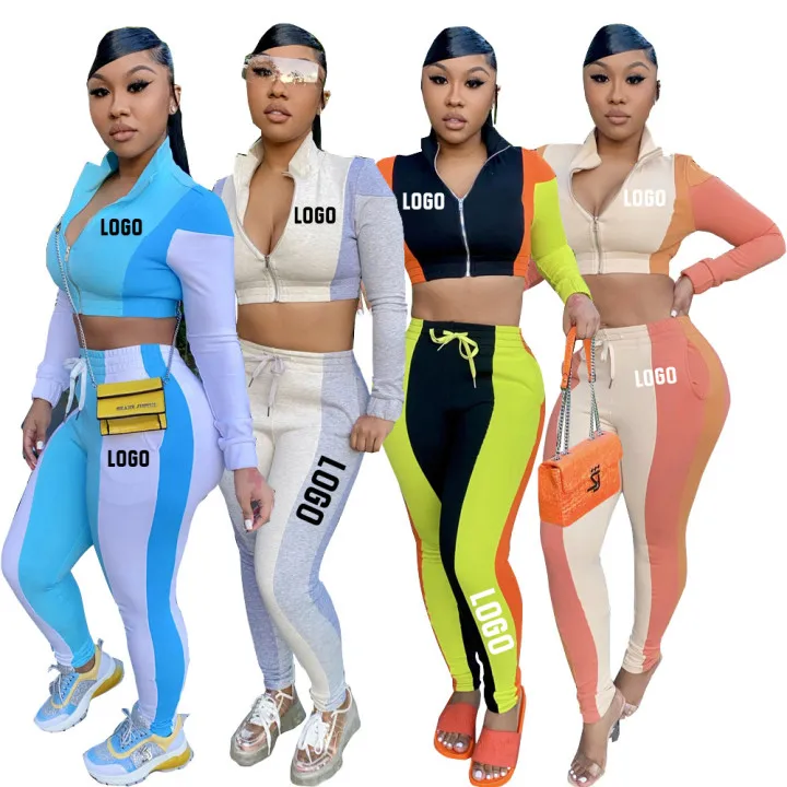

2021 new arrival fall/winter patchwork crop top long sleeve&trousers jogger two piece pants set custom logo hoodie women clothes, Gray/black/khaki