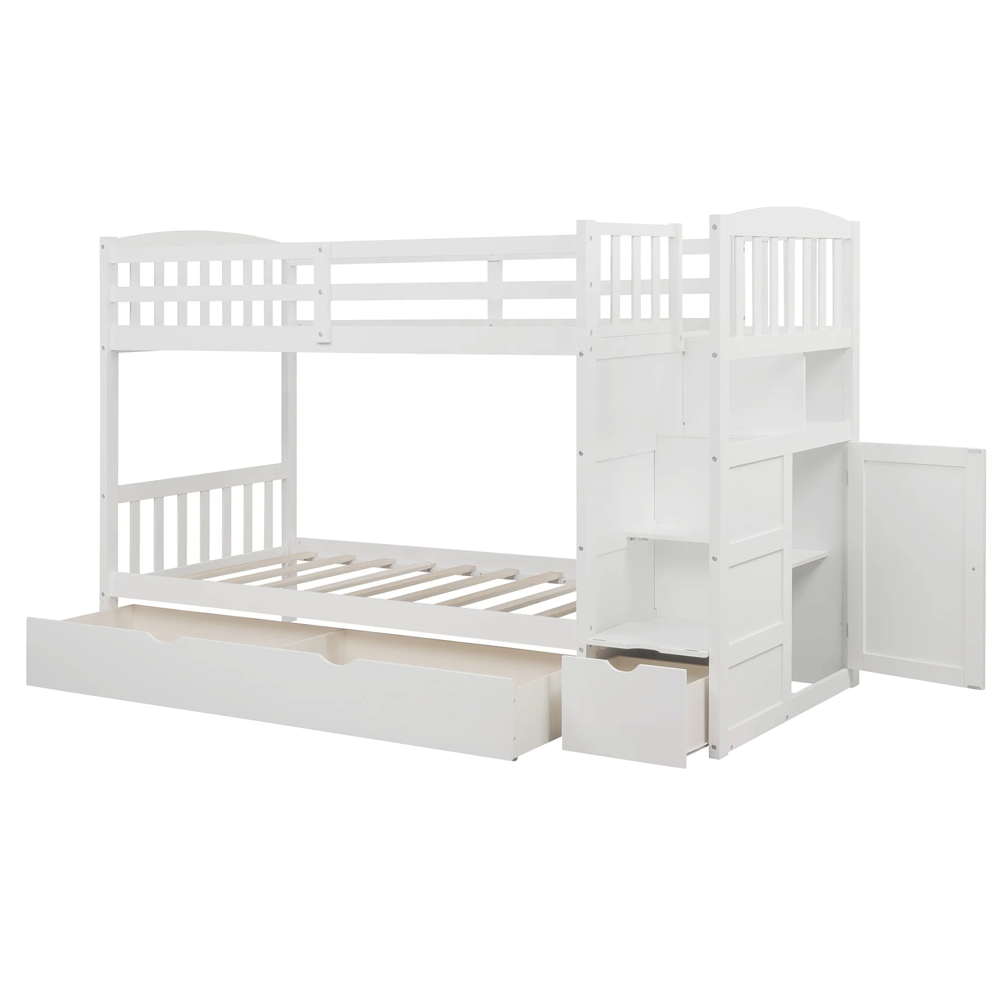 

Living Room Wooden Twin Over Full/Twin Bunk Bed, Convertible Bottom Bed, Storage Shelves and Drawers, White