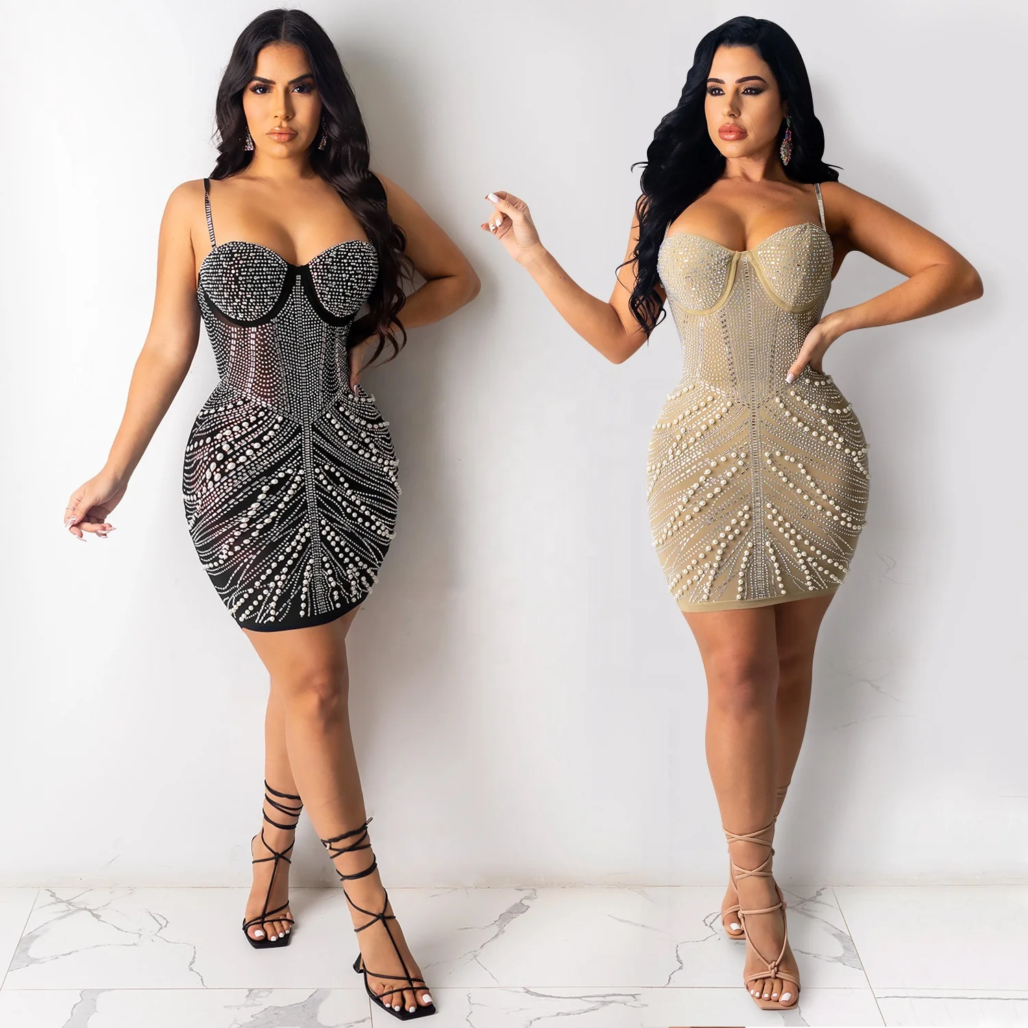 

MT64-5074 2021 Summer Night Club Wear Sequined Rhinestone Sleeveless Shoulder Straps Mini Dress Women Sexy Party Prom Dresses