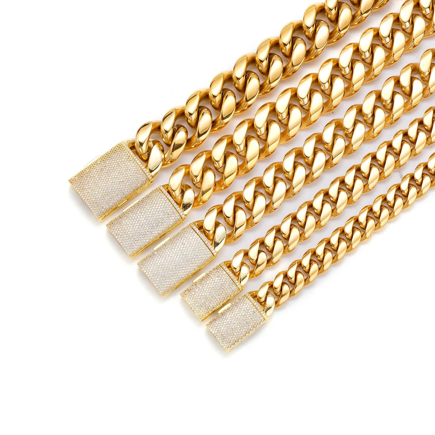 Hot Sale Thick Chunky Heavy Stainless Steel 18k Pvd Gold Plated Box Buckle Cuban Link Chain Necklace for Men Fine Jewelry