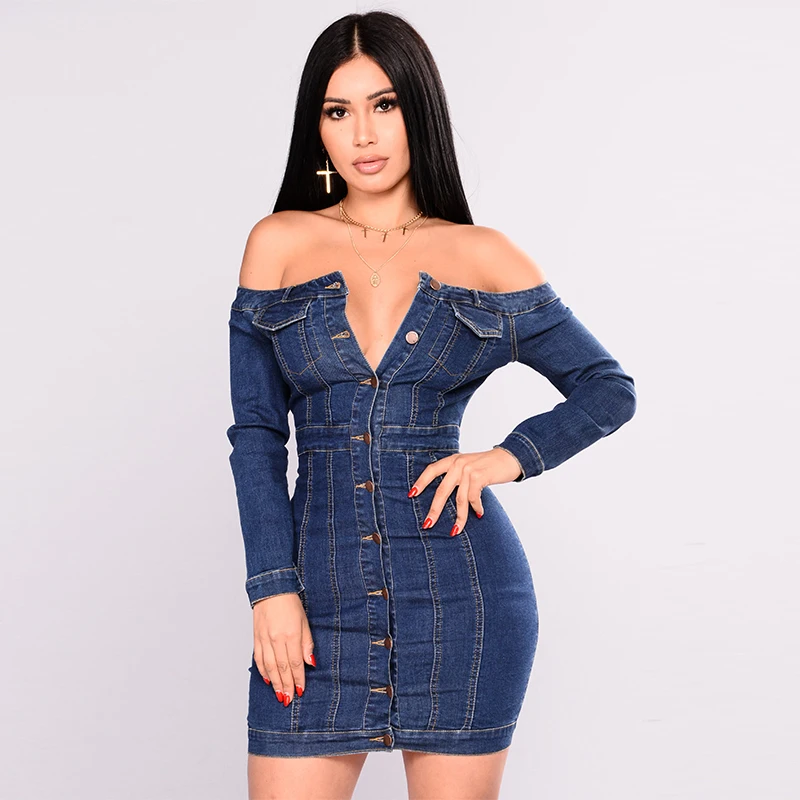 

Modern Clothes Elasticity Bodycon Off Shoulder Denim Women dress plus size summer, Blue