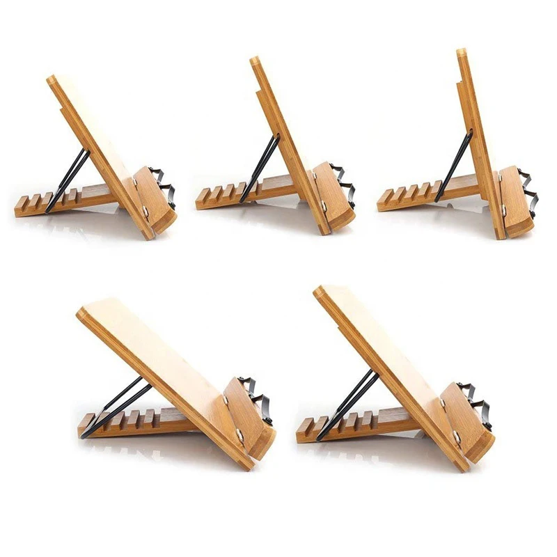 便携式坚固轻便竹书支架,配有可调节书夹托盘