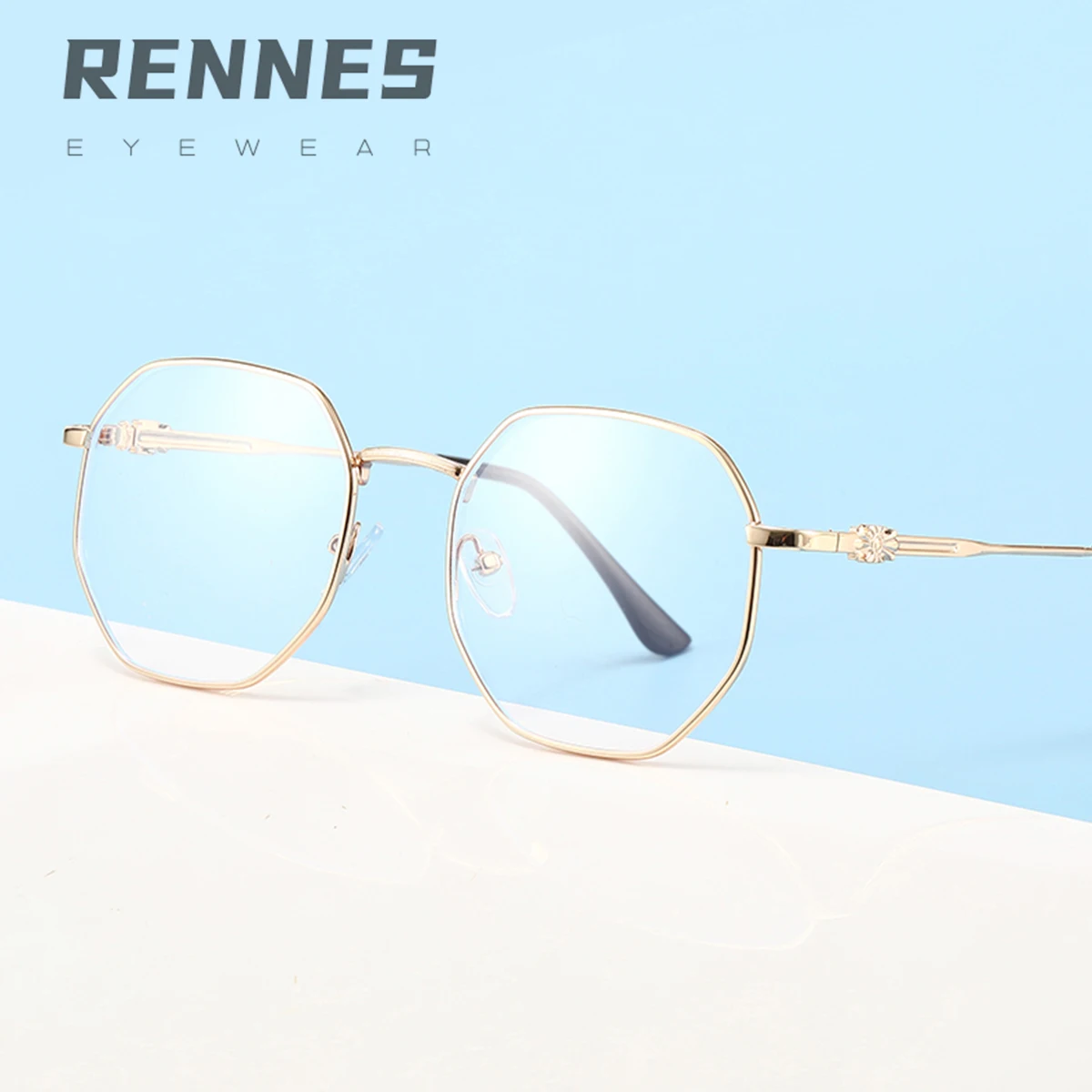 

RENNES 2021New Japanese-style anti-Blue-Ray polygon glasses women's metal retro plain glasses decorative glasses frame