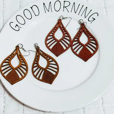 

2021 New Arrival Ethnic Retro Brown Geometric Hollow Wooden Drop Earrings DIY Jewelry Waterdrop Wood Earrings For Party, Picture shows/custom color