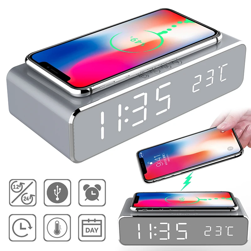 

LED Electric Alarm Digital Thermometer HD Mirror Clock with Phone Wireless Charger and Date