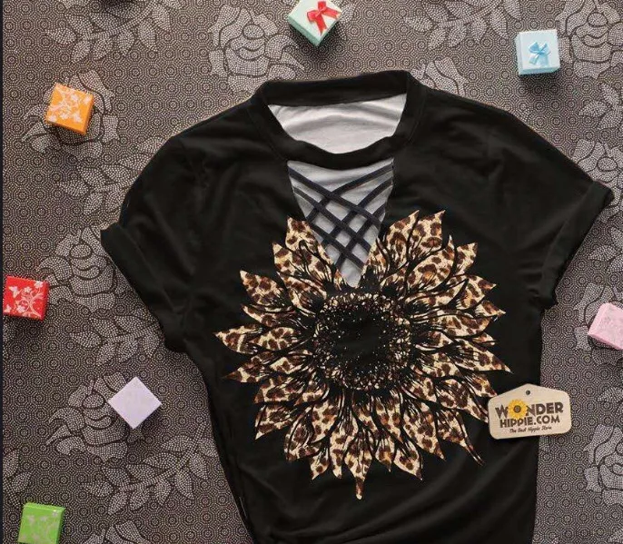 

Wholesale Short Sleeve O-Neck Casual Dark Summer Women Sunflower Leopard Tee Shirt Hollow Out Blouse, As picture