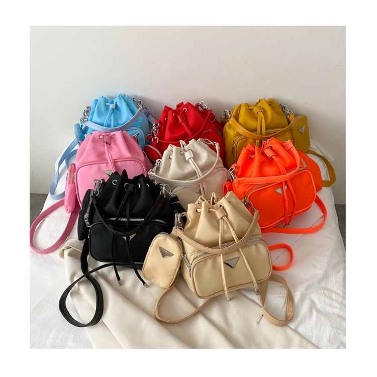 

Nylon Drawstring Bucket Bag Female Simple Solid Color Crossbody Bag With Mini Purse Women Leisure Large Capacity Handbags