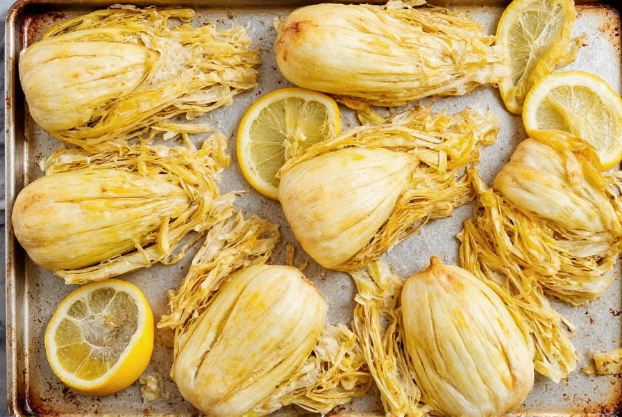 Golden roasted fennel bulb wedges with lemon slices on a baking sheet