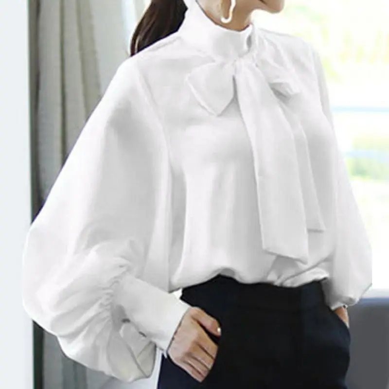 

Elegant Women Blouse Fashion Casual Bow Tie Neck Lantern Sleeve Tops OL Office Lady Satin Shirt Plus Size Blusas 5XL