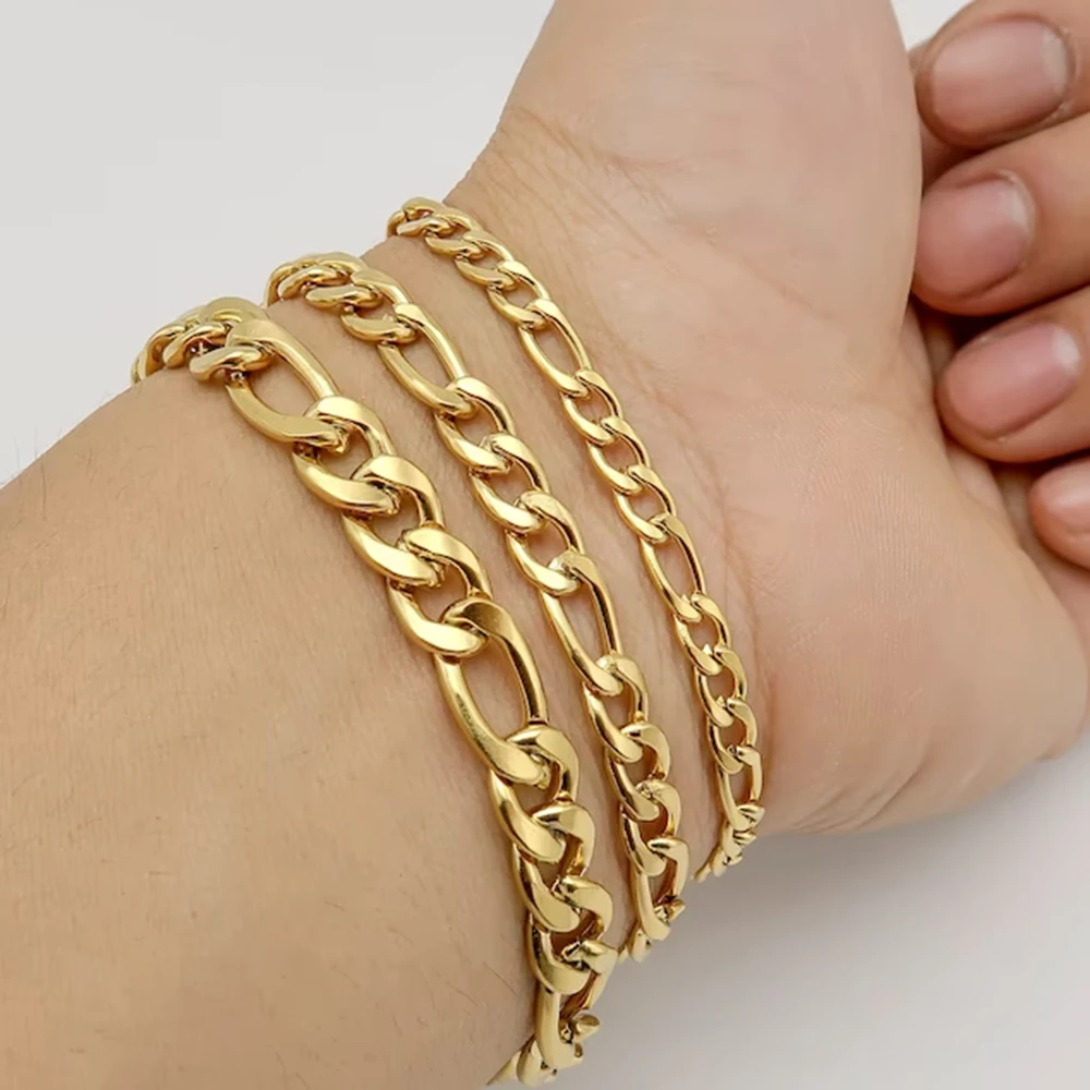 

In Stock Hiphop Figaro Chain Bracelet Non Tarnish Stainless Steel Gold Plated NK Bracelet For Men Women