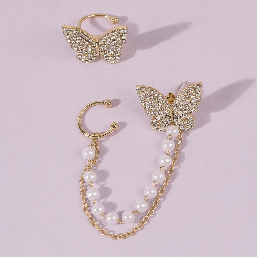 

2021 Hot Selling Style Pearl Butterfly Rhinestone Pendant Ear Bone Clip Earrings For Women