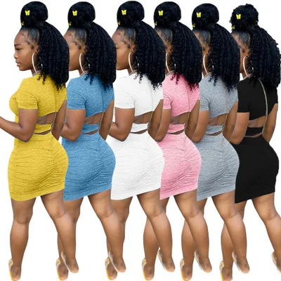 

B34810A 2020 Ready to ship summer pure color back hollow out bandage dress