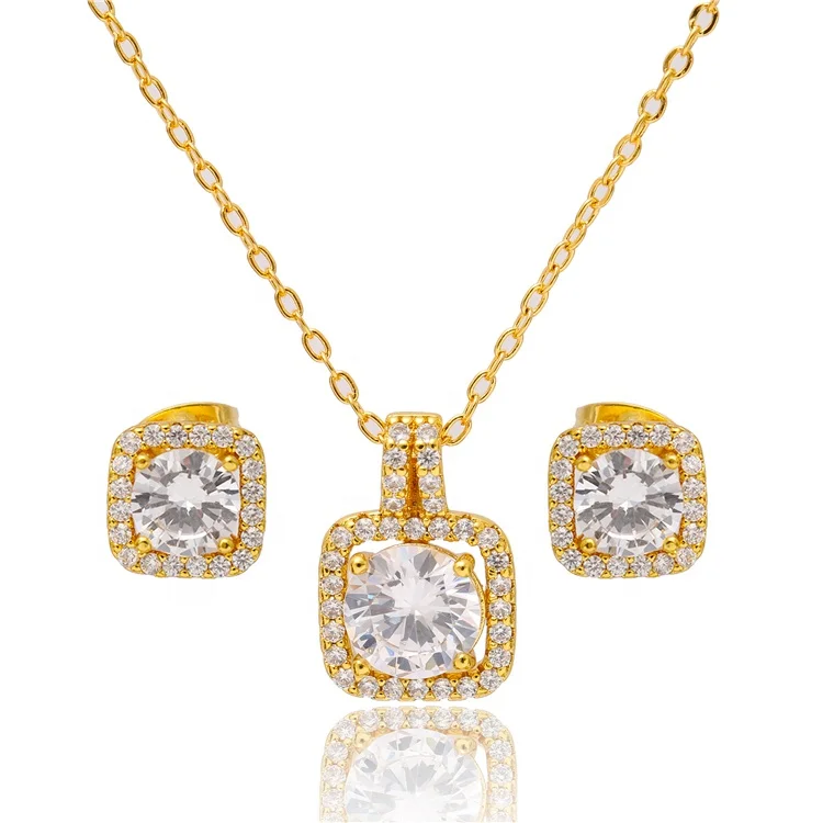 

2021 Good Quality 24k Real Gold Plated No Fade White Cube Zircon Necklace And Earring Jewelry Sets For Women