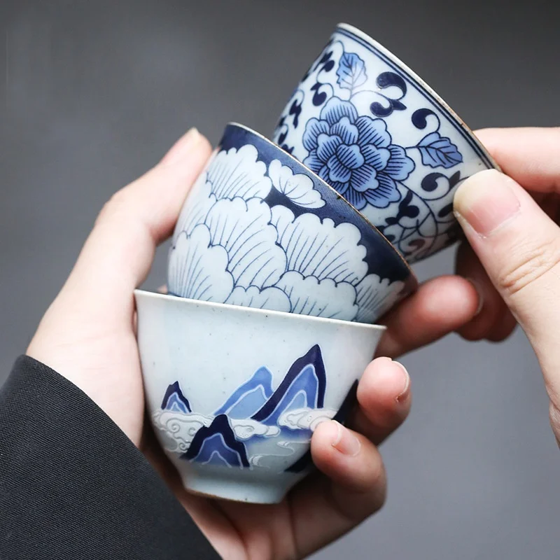 

45ML Retro Vintage Mountains Small Tea Cups Ceramic Chinese Kung Fu Tea Pigmented Household Cup, Three choose