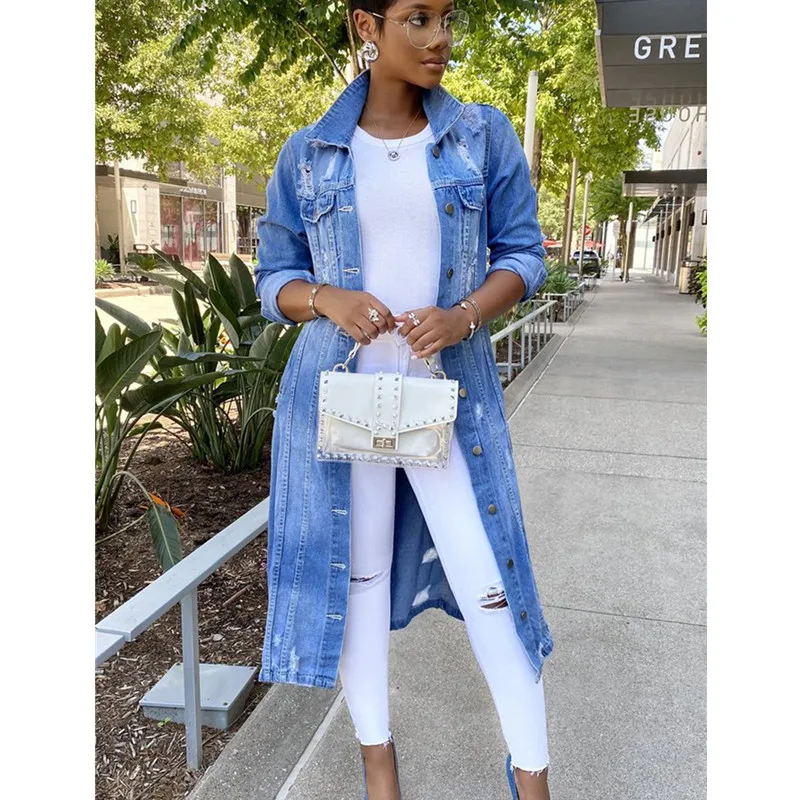 

Autumn Women Sexy Ripped Denim Jackets 2021 Vintage Casual Long Jean Jacket Winter Female Long Sleeve Coat Streetwear Plus Size