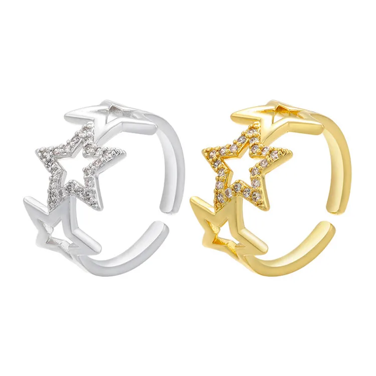 

RM1297 Trendy Dainty 18k Gold Silver Plated Micro Pave CZ Star Open Rings for Ladies Women