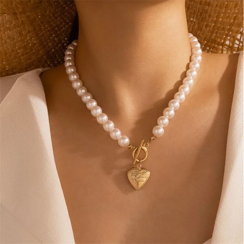 

Custom Fashion Hot Sale Heart Necklace Women 24K Real Gold Statement Freshwater Pearl Necklaces Jewelry, White pearl