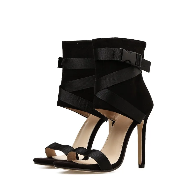 

2021 New Arrival 11.5cm Heels Ladies Summer Sandals Solid Color Fish Mouth Open Toe Hollow Cross Belt Buckle Zipper Women Pumps