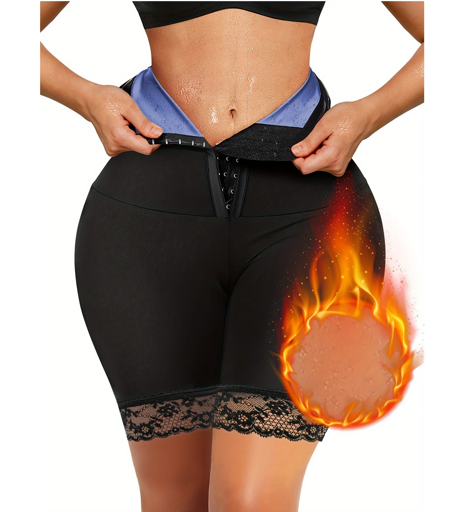 Women High Waist Trainer Slimming Weight Workout Shaper Hook And Eye Lace Trim Sauna Shorts