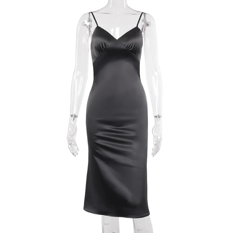 

2020 new arrivals fashion design fancy spaghetti strap V neck loose satin women casual dresses