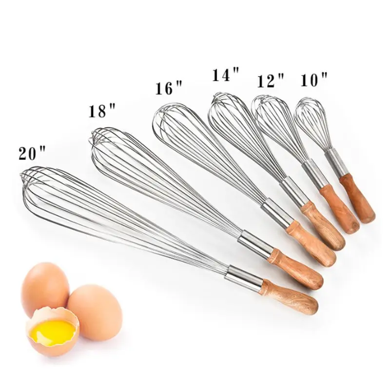 

Lixsun Factories Price 10inch 12inch 14inch 16inch 18inch 20inch Manual Hand Wooden Handle Stainless Steel Egg Whisk Egg Beater, Silver