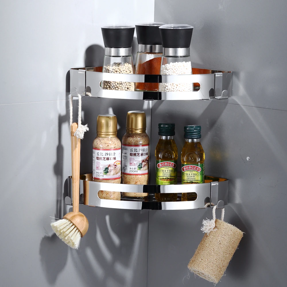 

Bathroom Accessories Wall Shelf Kitchen Organizer Sucker Wall Mounted Stainless Steel Storage Corner Shelf Kitchen