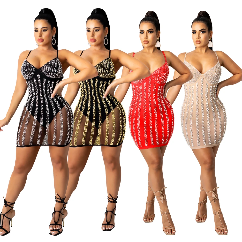 

2021 New Hot sale Rhinestone Sequin Bling Mini Night Party Dress Mesh See Through Night Sexy Club Wear Women Clothing