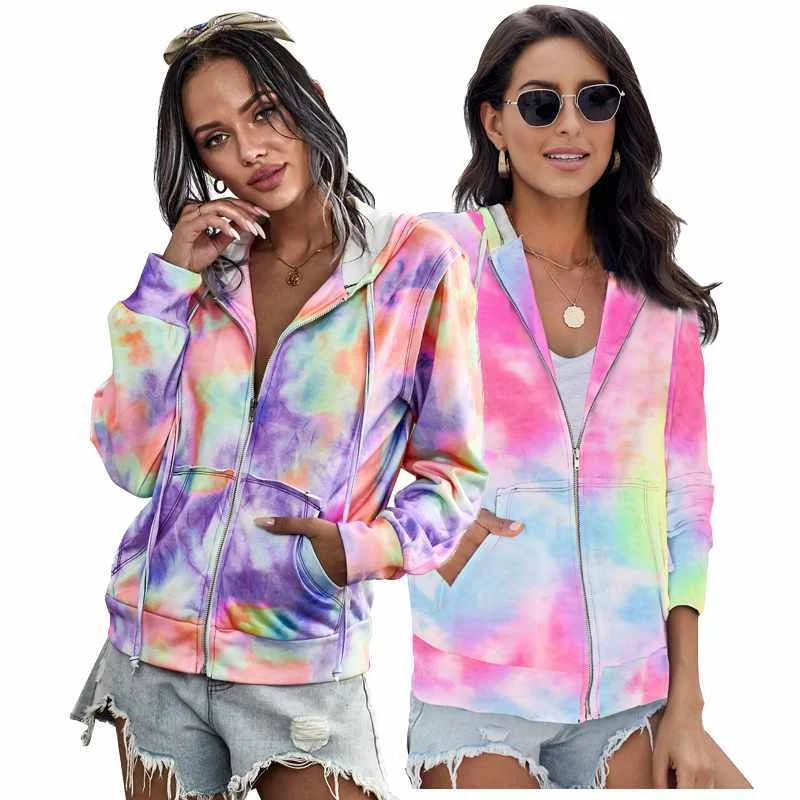 

Custom Fall Purple Pocket Lounge Tie-Dye Zip Up Hoodie For Women