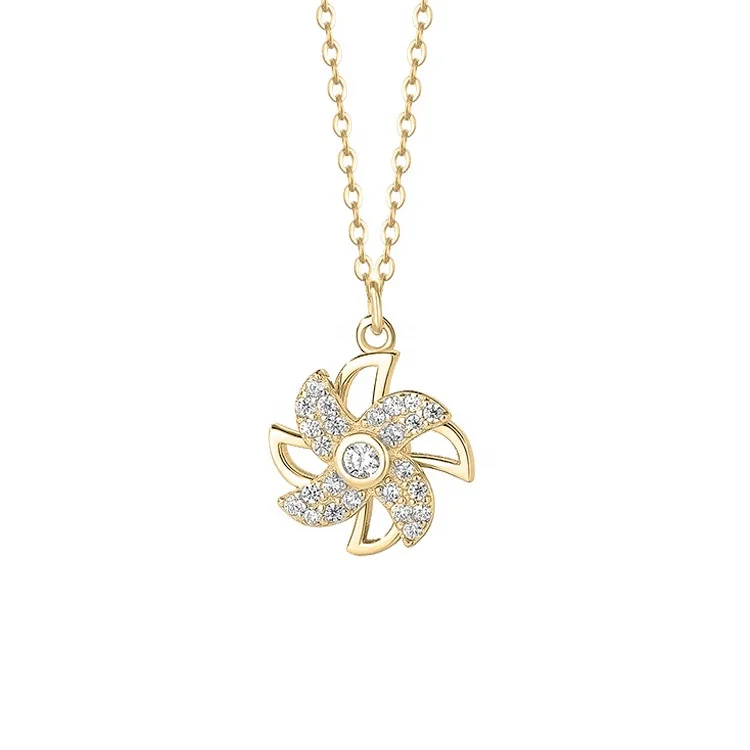 

Trendy 14k Gold Plated CZ Rotatable 925 Sterling Silver Windmill Pendant Necklaces For Women Jewelry Customize